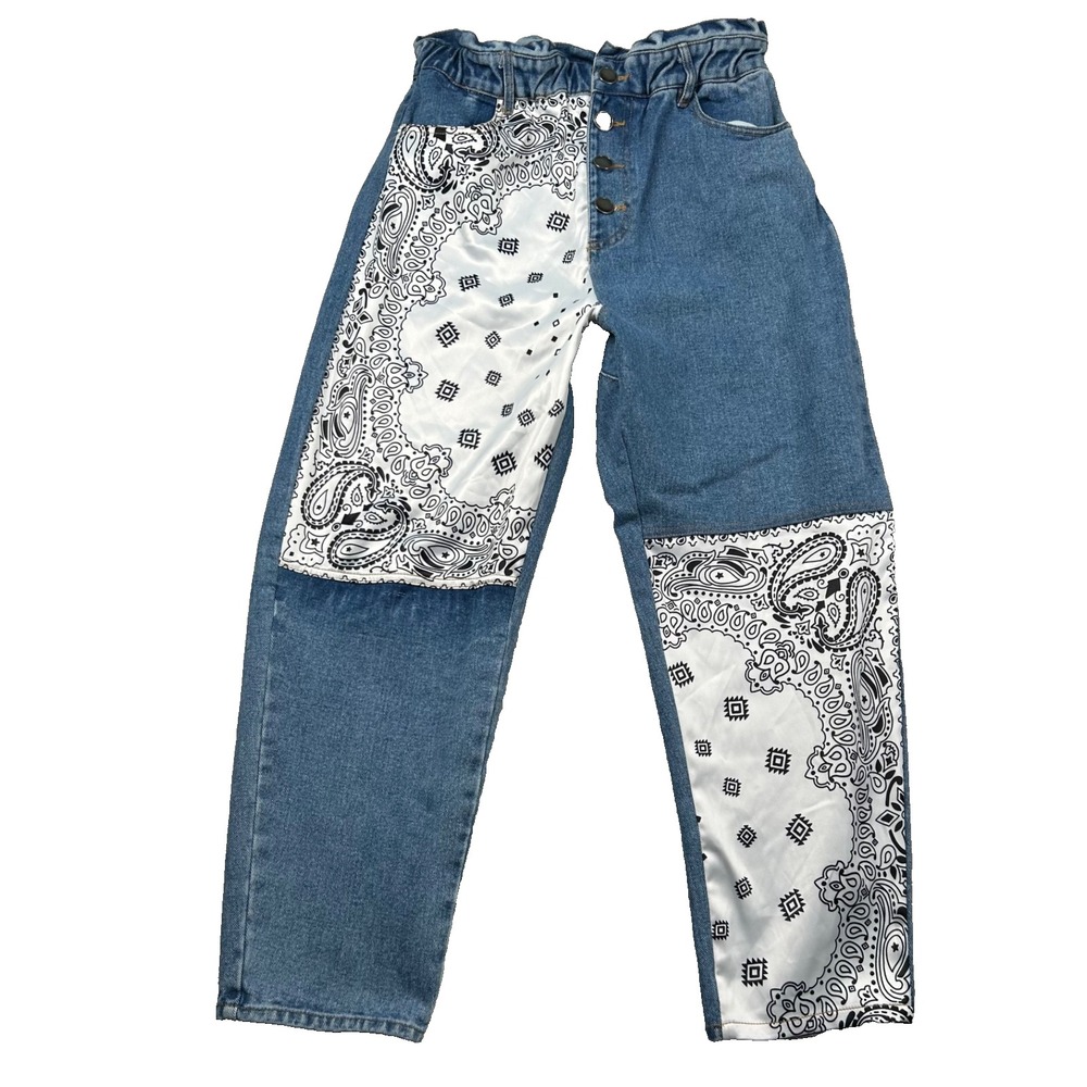 Rehab Lab Jeans Womens L Patchwork Paisley Cut Sew High Rise Boho Ruched Waist